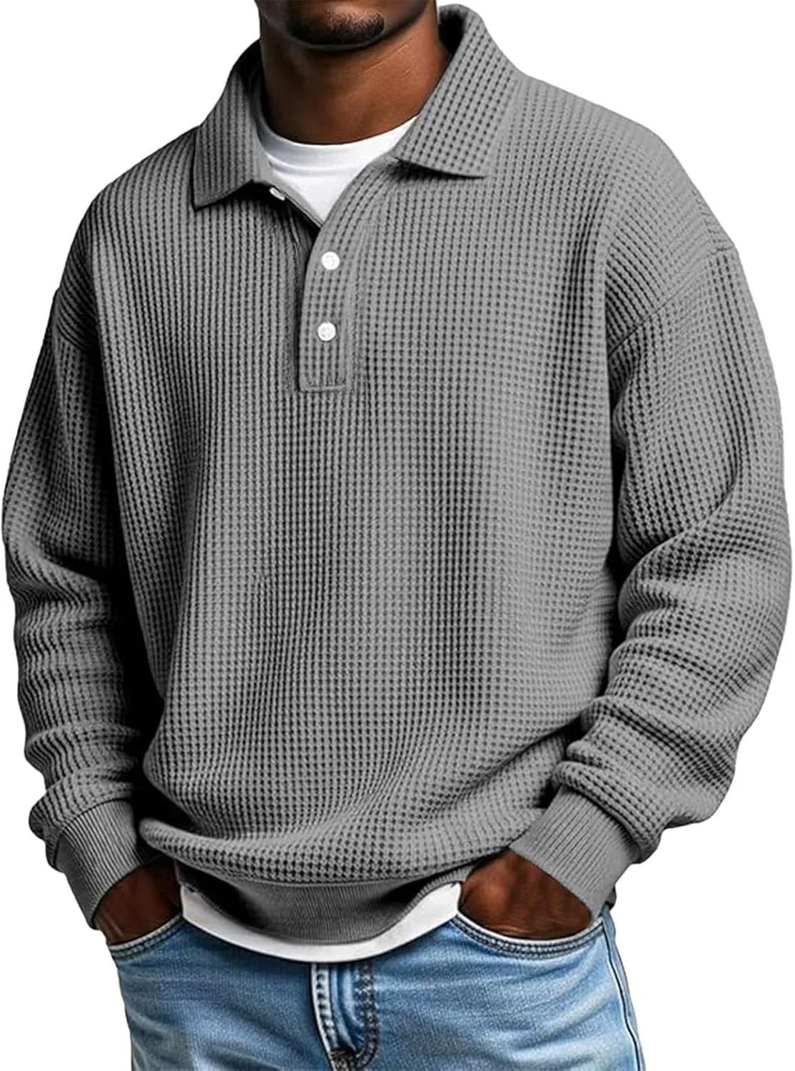 

Мужская поло с длинным рукавом, воротник на пуговицах, V-образный вырез, свободный крой