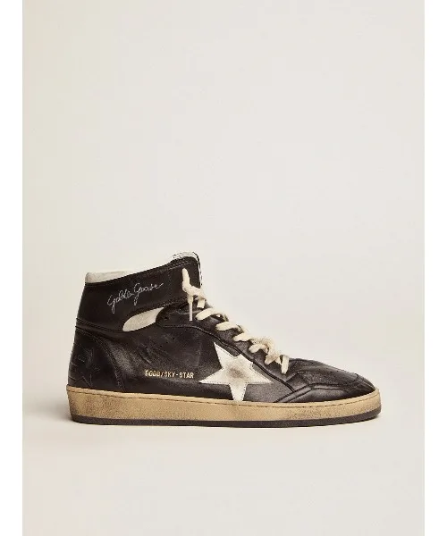 Мужские кроссовки высокие из натуральной кожи Sky-Star GOLDEN GOOSE черные