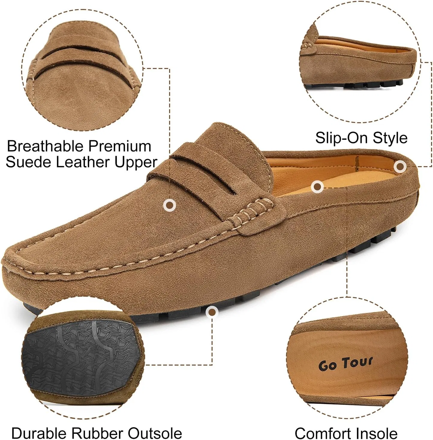 Мужские мюли из замши, дышащие, Loafers & Slip-Ons, Хаки Go Tour — фото 4