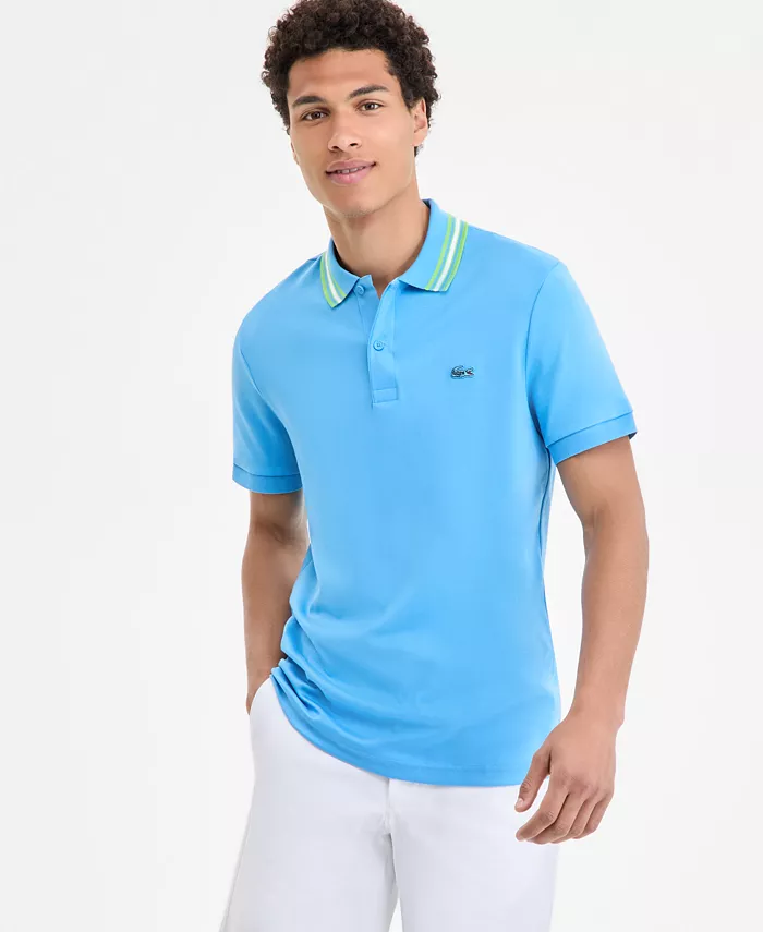 

Мужская хлопковая поло с воротником с контрастными кончиками Lacoste, синий