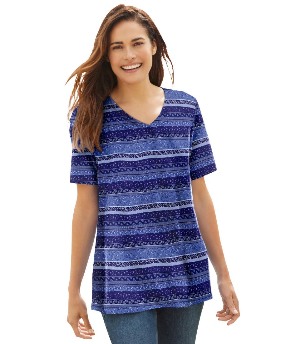 

Футболка с коротким рукавом и V-образным вырезом, идеально подходящая для полных женщин Woman Within, Navy patchwork stripe
