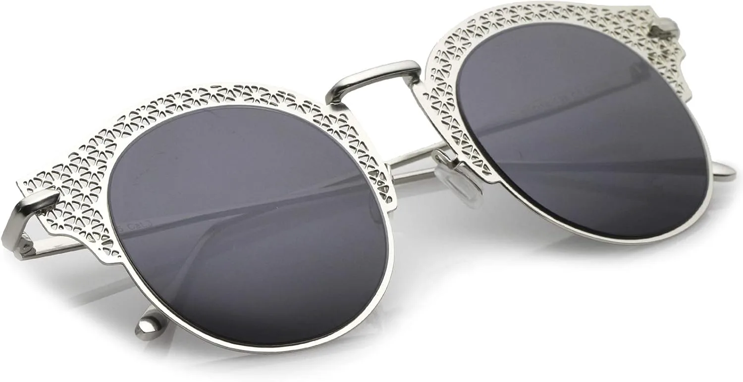 

zeroUV - Женские солнцезащитные очки в открытой металлической полурамке с вырезами, тонкими дужками и круглыми плоскими линзами 50 мм, Shiny Gold / Smoke