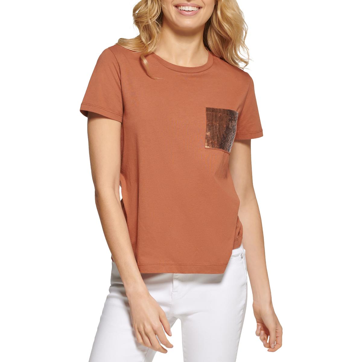

Женская футболка с карманом и пайетками DKNY, цвет nutmeg
