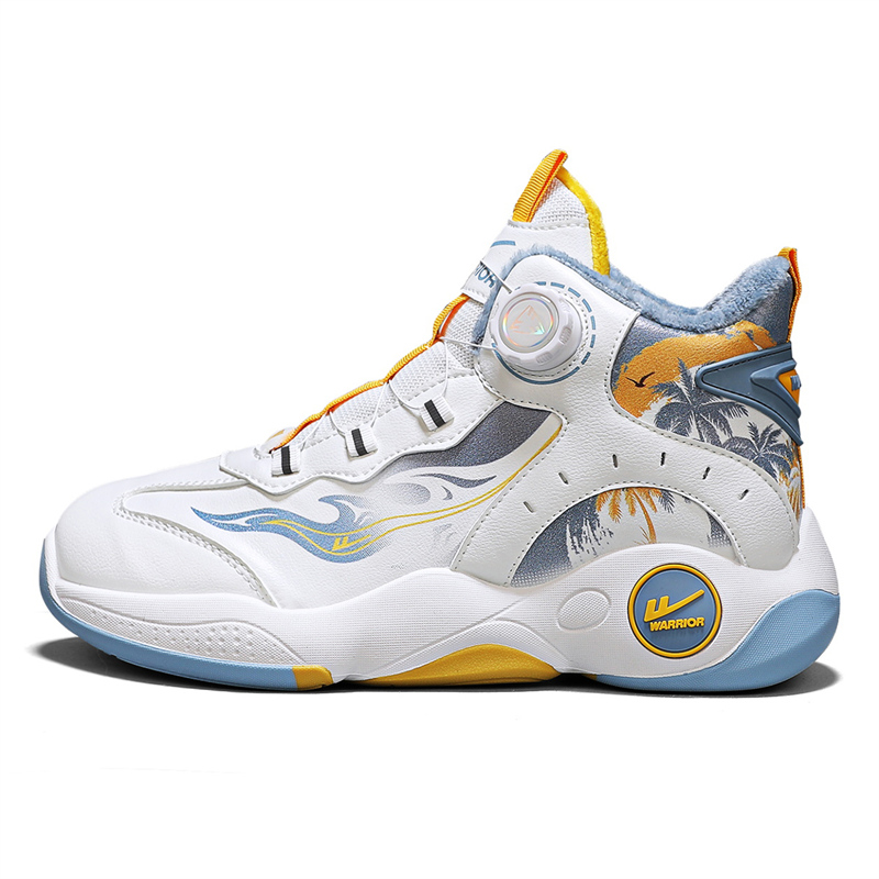 

Высококачественные амортизирующие нескользящие износостойкие дышащие баскетбольные кроссовки mid top мужские WARRIOR, белый/светло-синий/желтый (Leather Upper Fleece-Lined)