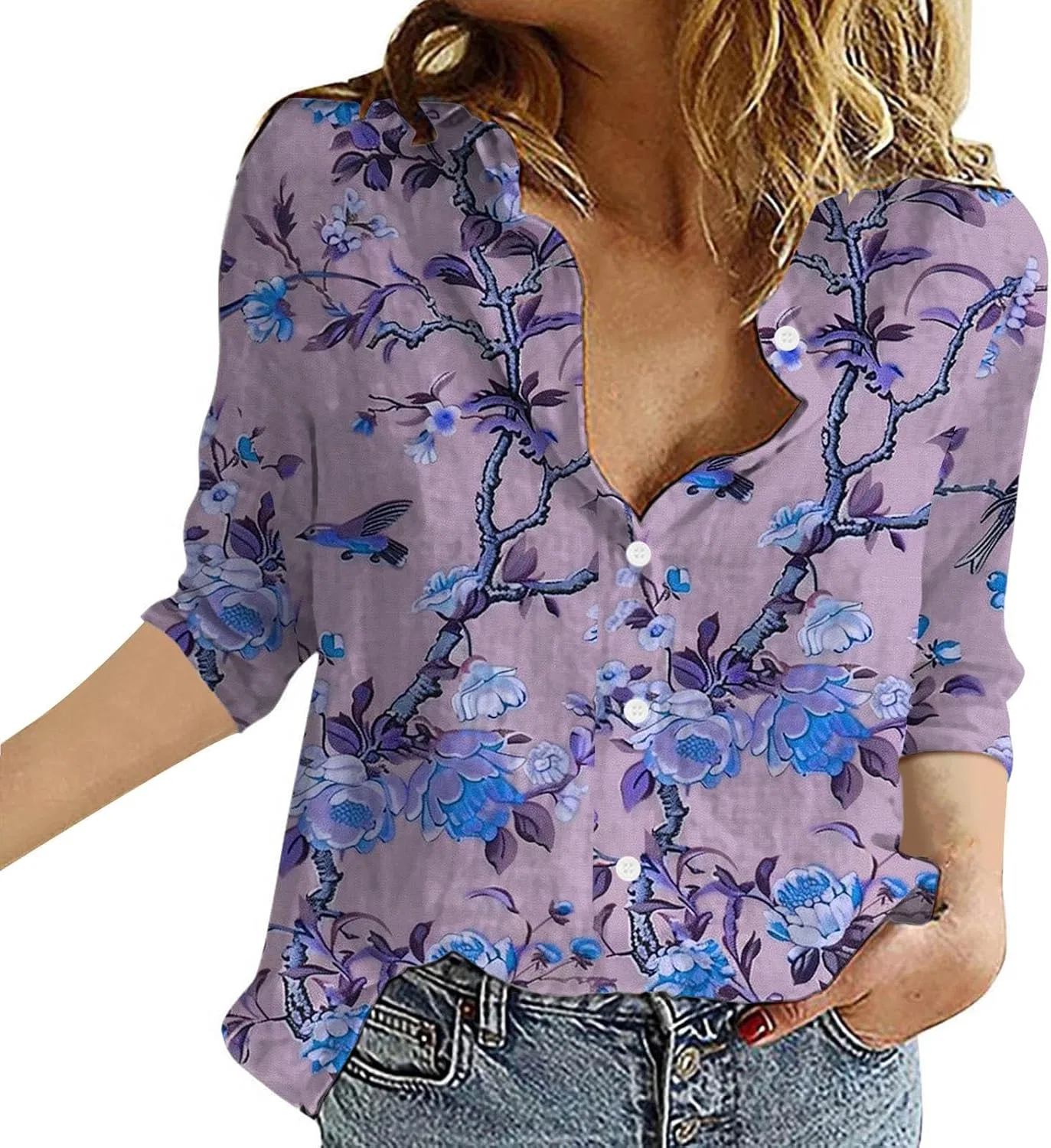 Блуза свободная с пуговицами, длинный рукав, Fashion Women Loose Button Solid Lapel Long Sleeve T-Shirt Blouse, пурпурный