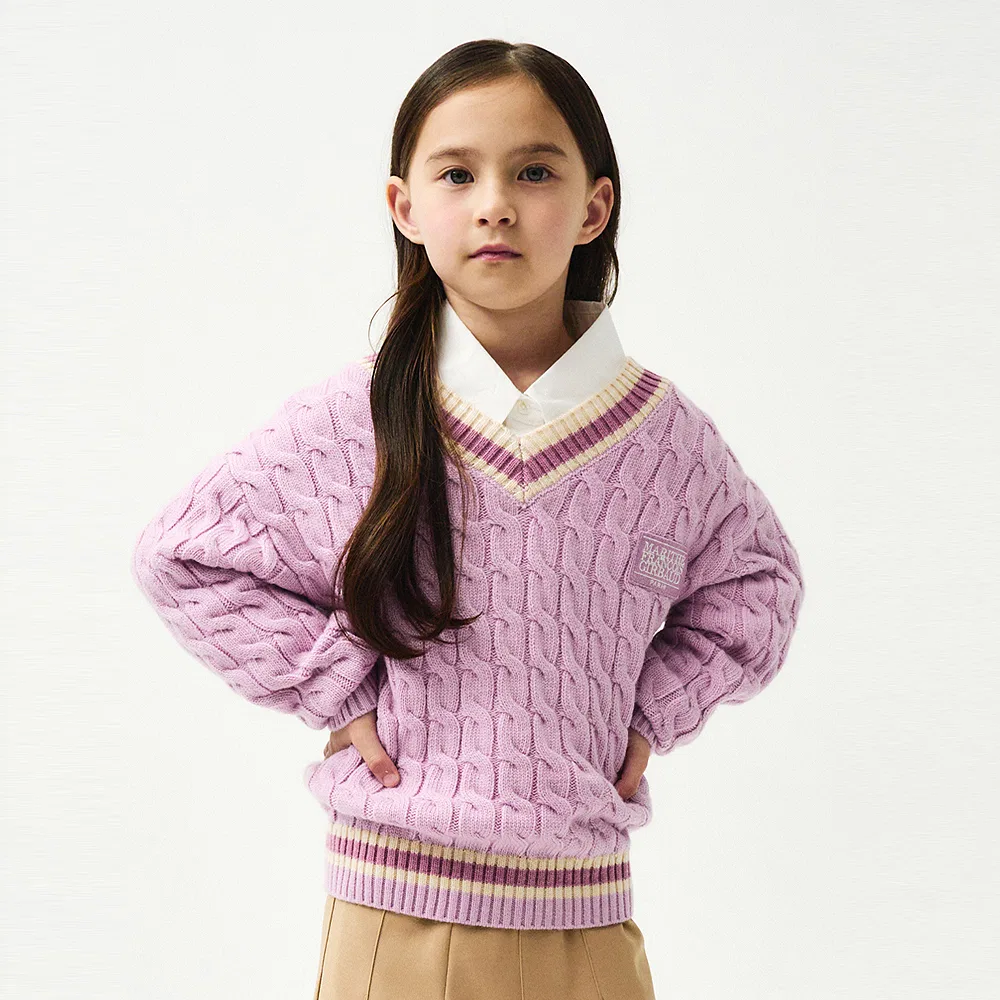 Детский вязаный свитер Enfant V-Neck Cable Knit светло-фиолетовый от Marithé Kids