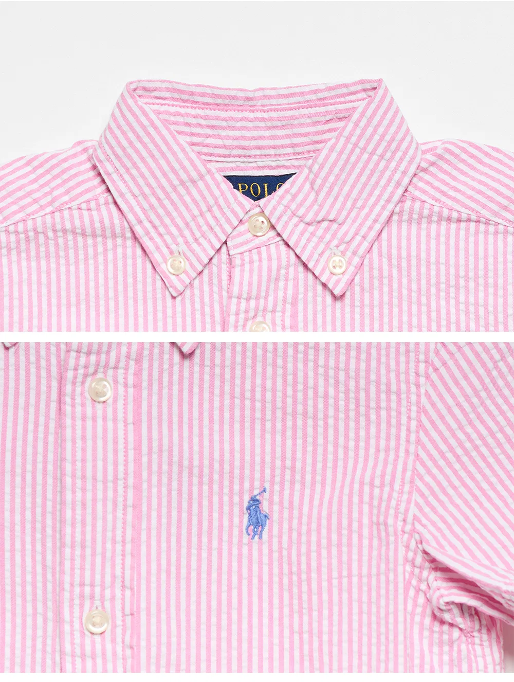 Детская рубашка с коротким рукавом в полоску из сирсакера розовая от Polo Ralph Lauren Children — фото 4