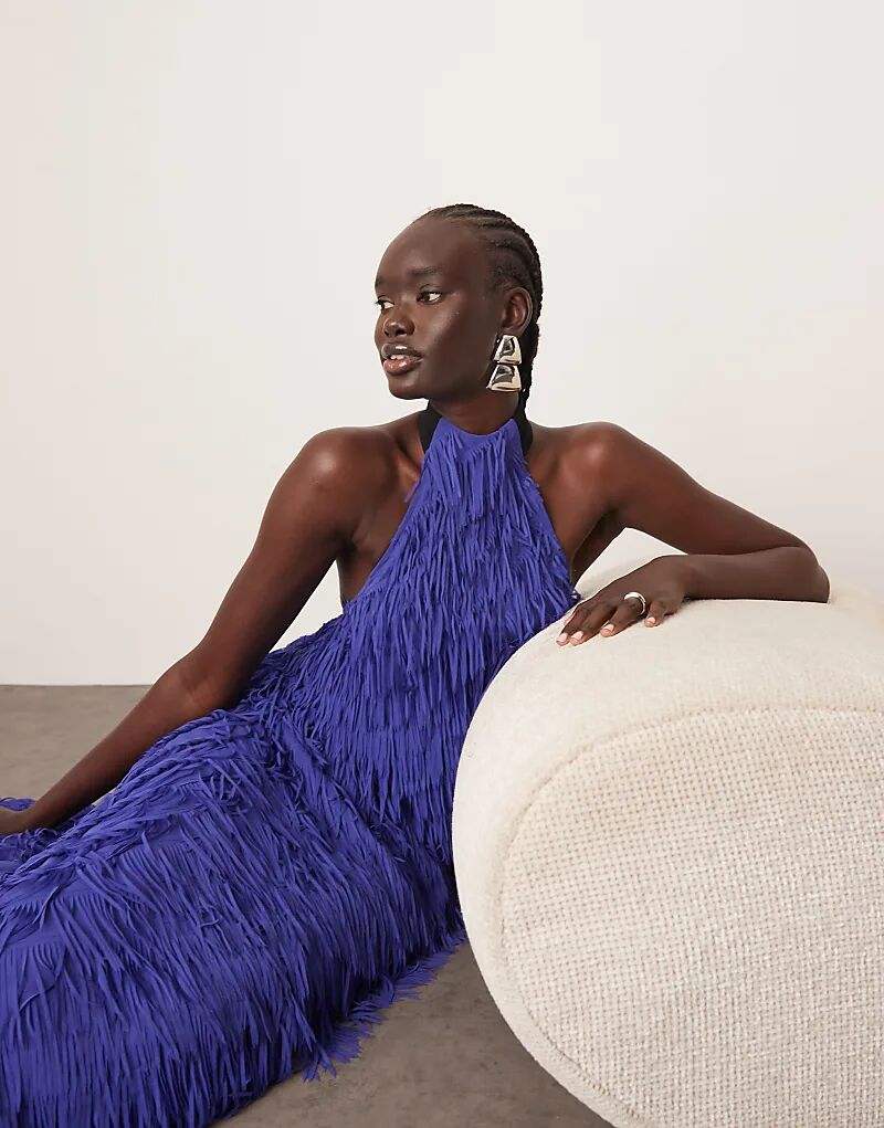 

Платье макси ARRANGE с бахромой, вырезом халтер и глубоким вырезом на спине синего цвета