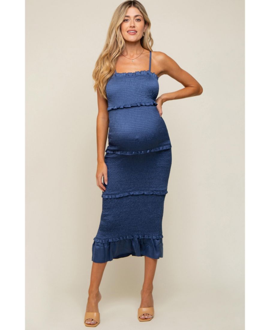 

Длинное приталенное платье для беременных из оливкового атласа с присборенной юбкой из атласа Pinkblush, Navy blue