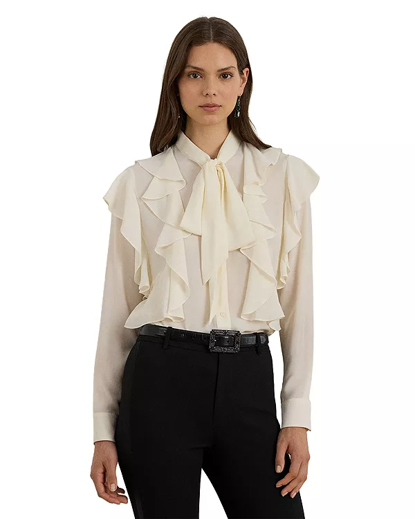 

Блузка из жоржета с оборками и завязками на шее Ralph Lauren, белый