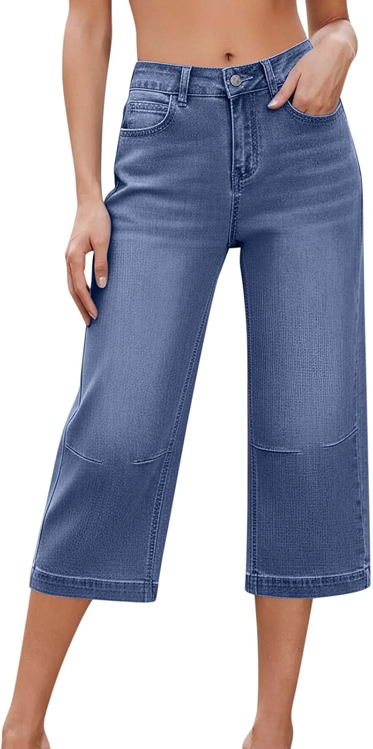 

Женские летние капри джинсы High Waisted Wide Leg Baggy Stretchy Casual Solid Color Cropped Denim Pants с карманами