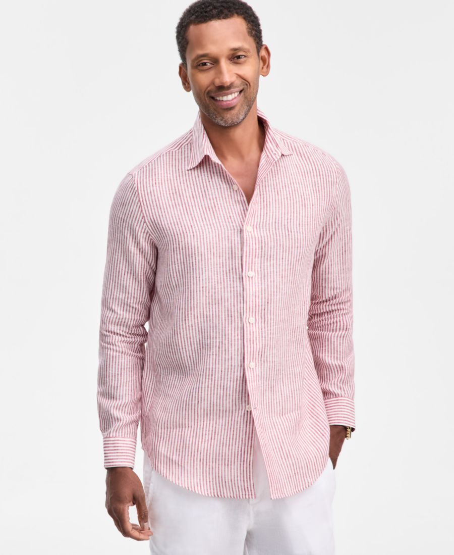 

Мужская льняная рубашка с длинными рукавами и пуговицами в бенгальскую полоску, эксклюзивно для Macy's Club Room, Red Rosette