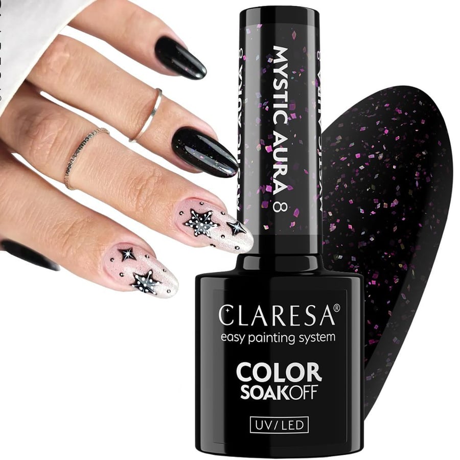 

Claresa Mystic Aura 8 Гибридный лак для ногтей, черный с кусочками фольги, 5 г Puderek