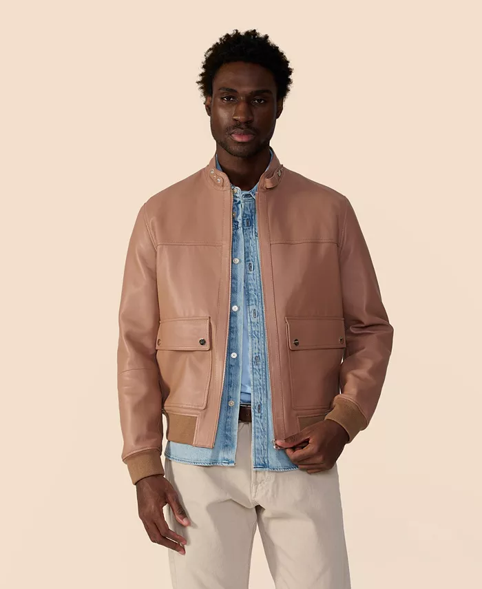 

Мужская кожаная куртка-бомбер Men's Leather Bomber Jacket Furniq UK, коричневый