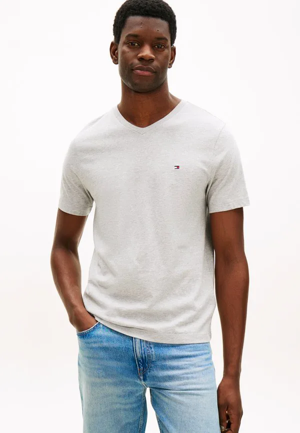 Футболка с v-образным вырезом и вышивкой флага, базовая футболка Tommy Hilfiger, Light Grey Heather