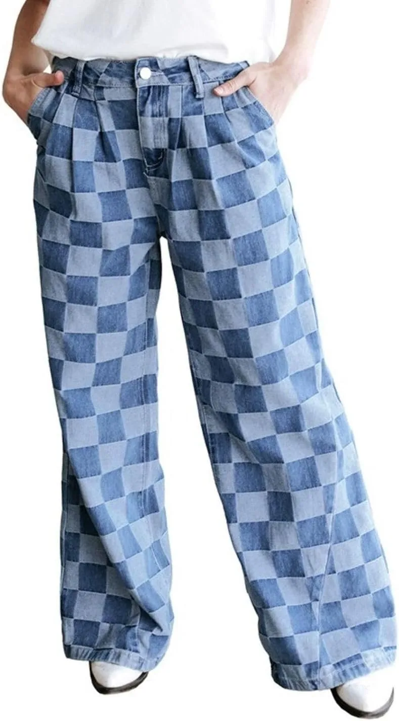 

Женские джинсы CHARTOU Casual в клетку с высокой посадкой и карманами