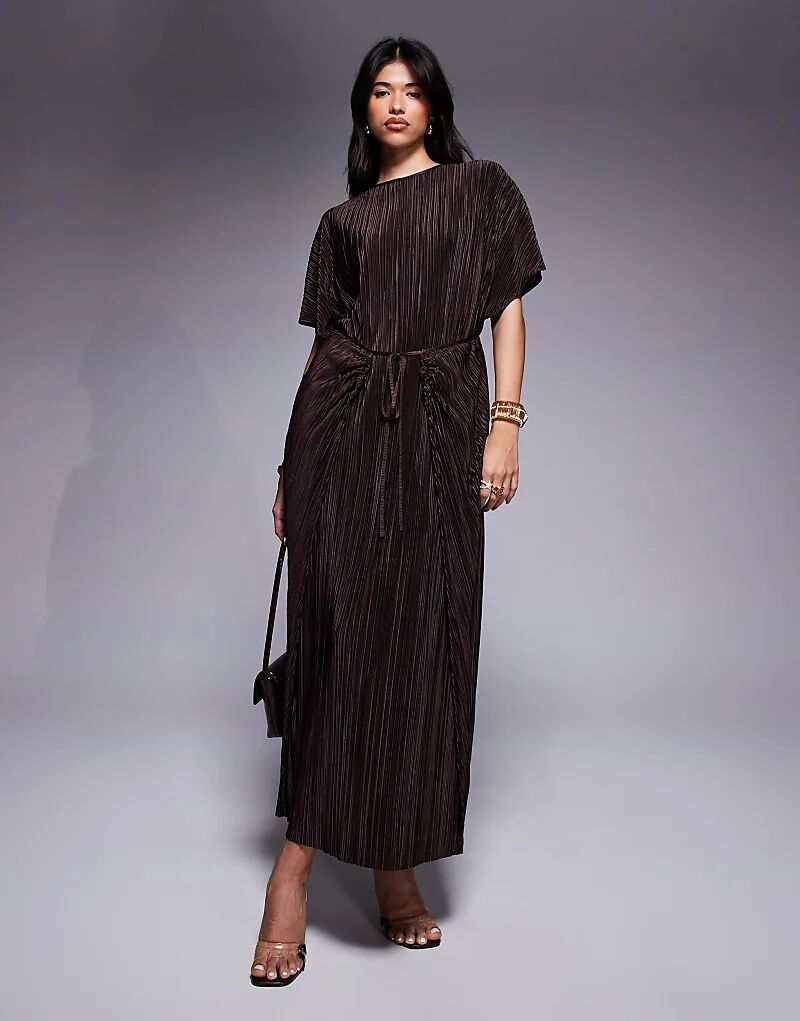 

Платье макси ASOS DESIGN с короткими рукавами, плиссированное, с запахом и завязками шоколадного цвета