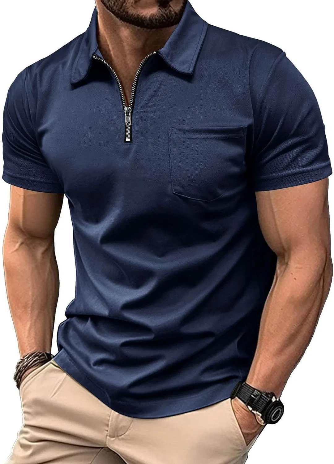 Мужские базовые летние рубашки на молнии до середины груди, классические повседневные блузки, легкая рубашка с коротким рукавом и воротником-стойкой, с карманом