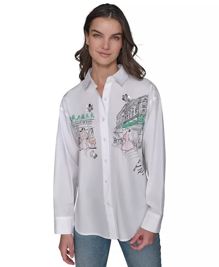

Женская хлопковая блуза с парижским принтом и декоративными элементами на пуговицах KARL LAGERFELD PARIS, белый