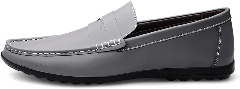 Лоферы кожаные Mens Loafers Penny Loafers Round Toe Simple Leather Anti-Slip Flexible Flat Heel Classic Slip-on, Серый SayfuR — фото 3