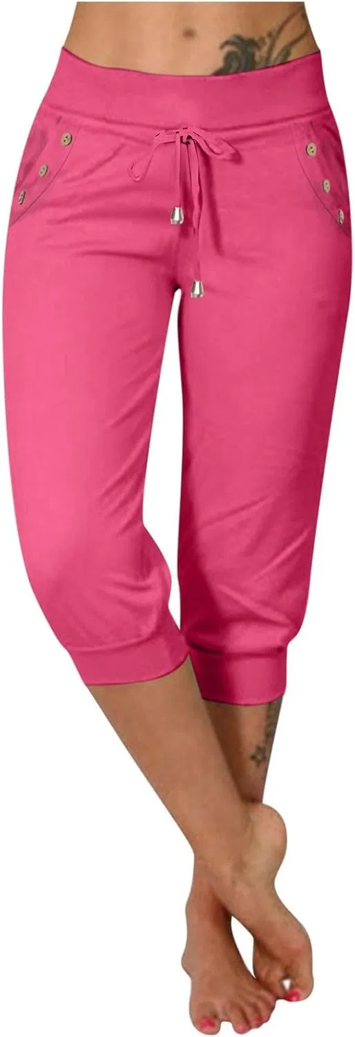 Капри для женщин с высокой талией, легкие, с карманами, hot pink