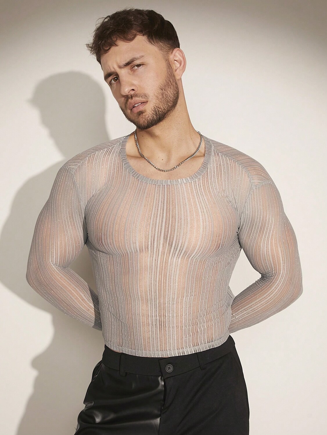 

Fever City Мужская весенне-летняя однотонная однотонная футболка с круглым вырезом и круглым вырезом с длинными рукавами Fevercity, светло-серый