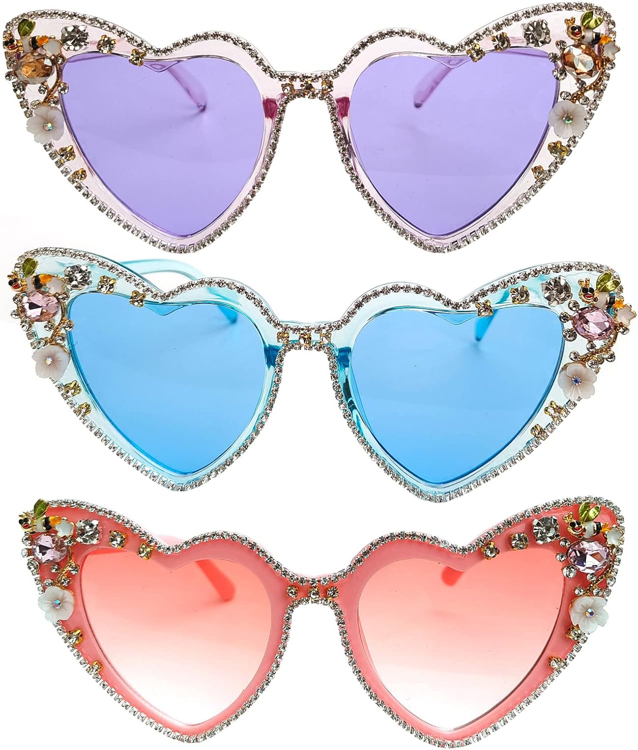 

Willochra Fashion Heart Женские солнцезащитные очки со стразами, блестящие солнцезащитные очки в форме сердца, женские солнцезащитные очки с бриллиантами для вечеринки, розовые очки, 3pcs-blue&purple&pink