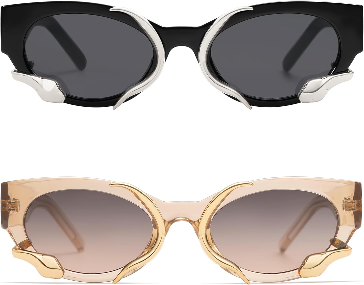 

Модные солнцезащитные очки для женщин и мужчин, винтажные, узкие, «кошачий глаз», с металлическим змеиным ремешком, аксессуары в стиле Y2k AP3621 Appassal, B13 Black/Grey & Transparent Brown/Light Brown