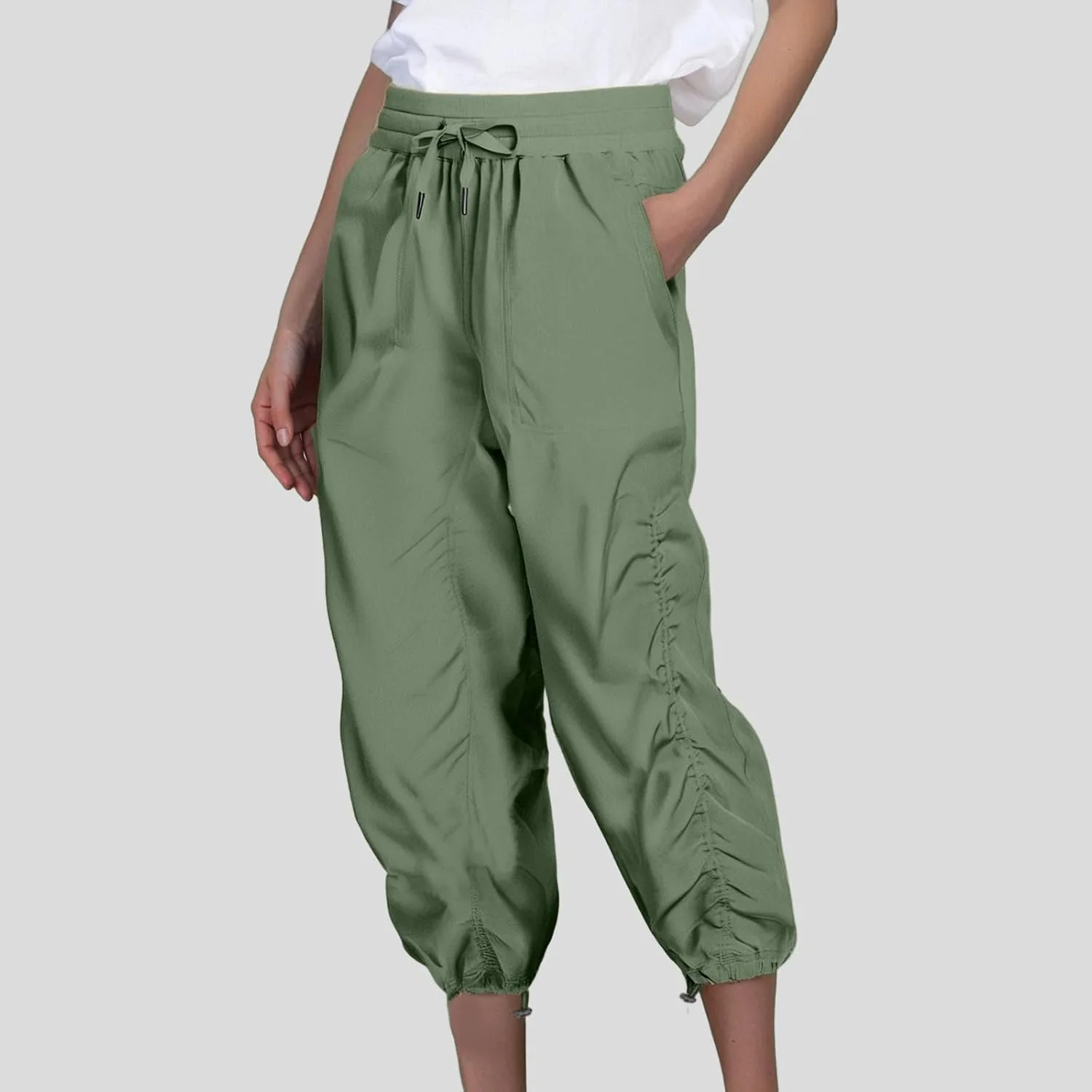 Женские летние капри-брюки Stretch Lightweight Quick-Dry Casual с кулиской и эластичным поясом для путешествий и отдыха на природе с карманами Generic, зеленый — фото 3