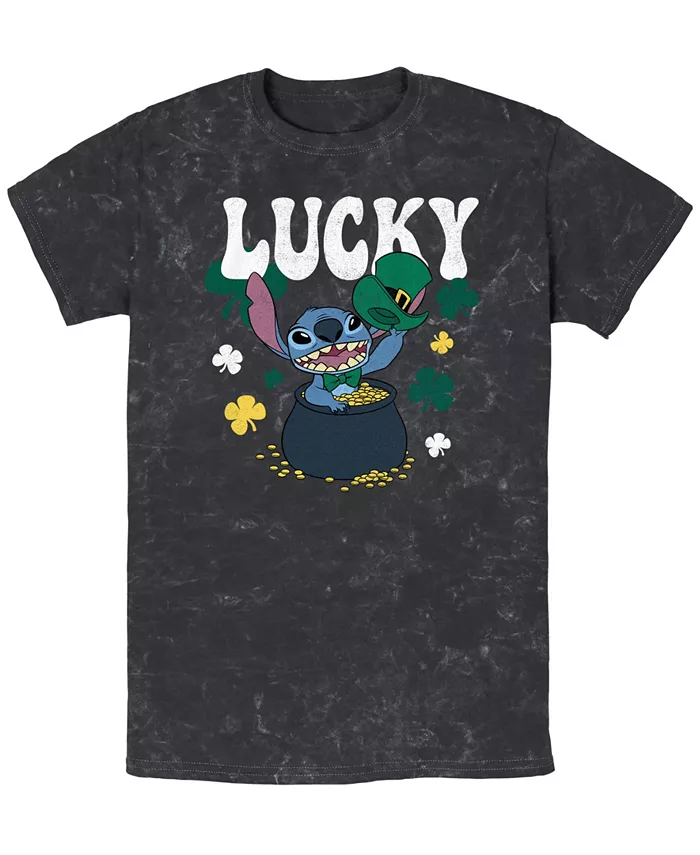 

Мужская футболка Lucky Stitch с коротким рукавом, минеральная мойка Lilo Stitch, черный
