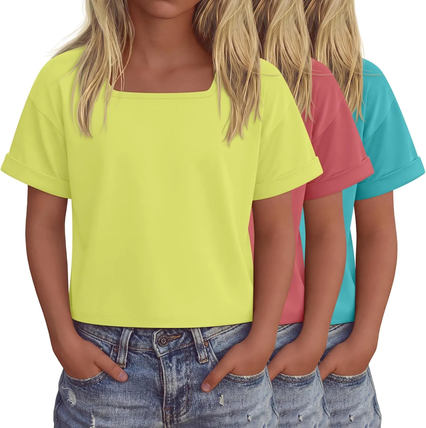 Комплект из 3 детских оверсайз топов с квадратным вырезом, LessonZoo, Light Yellow, Brick Red, Lake Blue