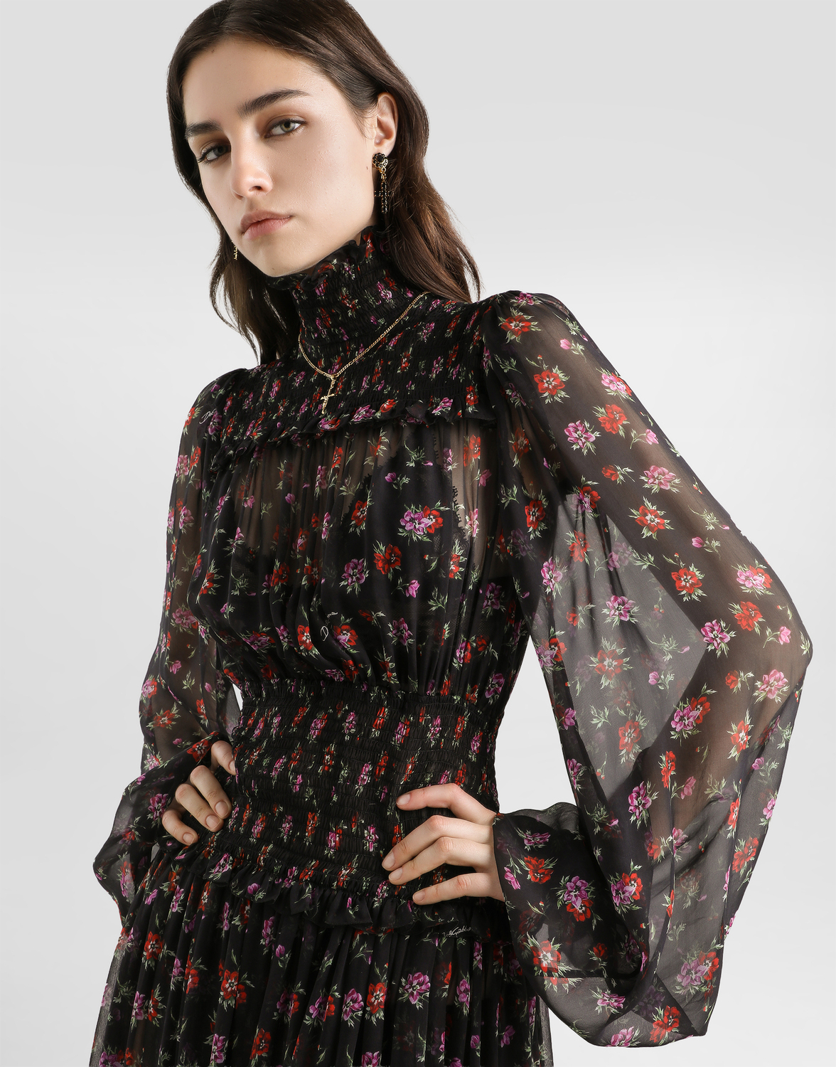 Длинное шифоновое платье с цветочным принтом Dolce & Gabbana, мультиколор — фото 4