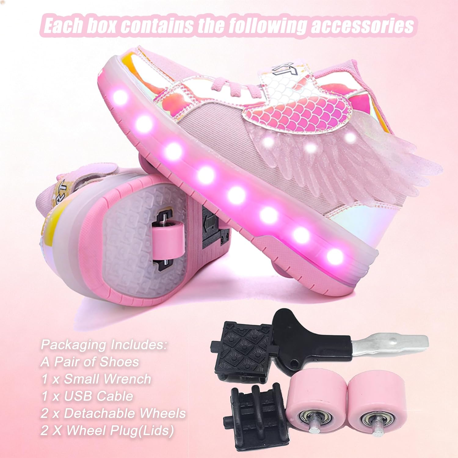 Детские роликовые кроссовки Aikuass с USB-подзарядкой и светящейся LED-подсветкой для мальчиков и девочек, розовый — фото 3