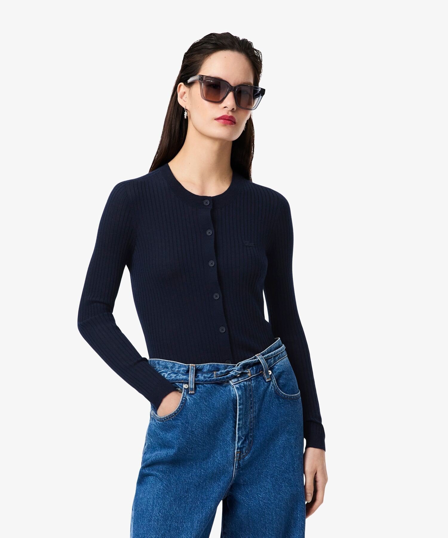 Кардиган LACOSTE 3D вязаный из мериносовой шерсти, Navy