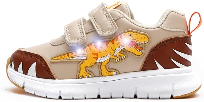 

Детские светящиеся кроссовки с мультяшными динозаврами для мальчиков и девочек, спортивные кроссовки для малышей Exdino, бежевый