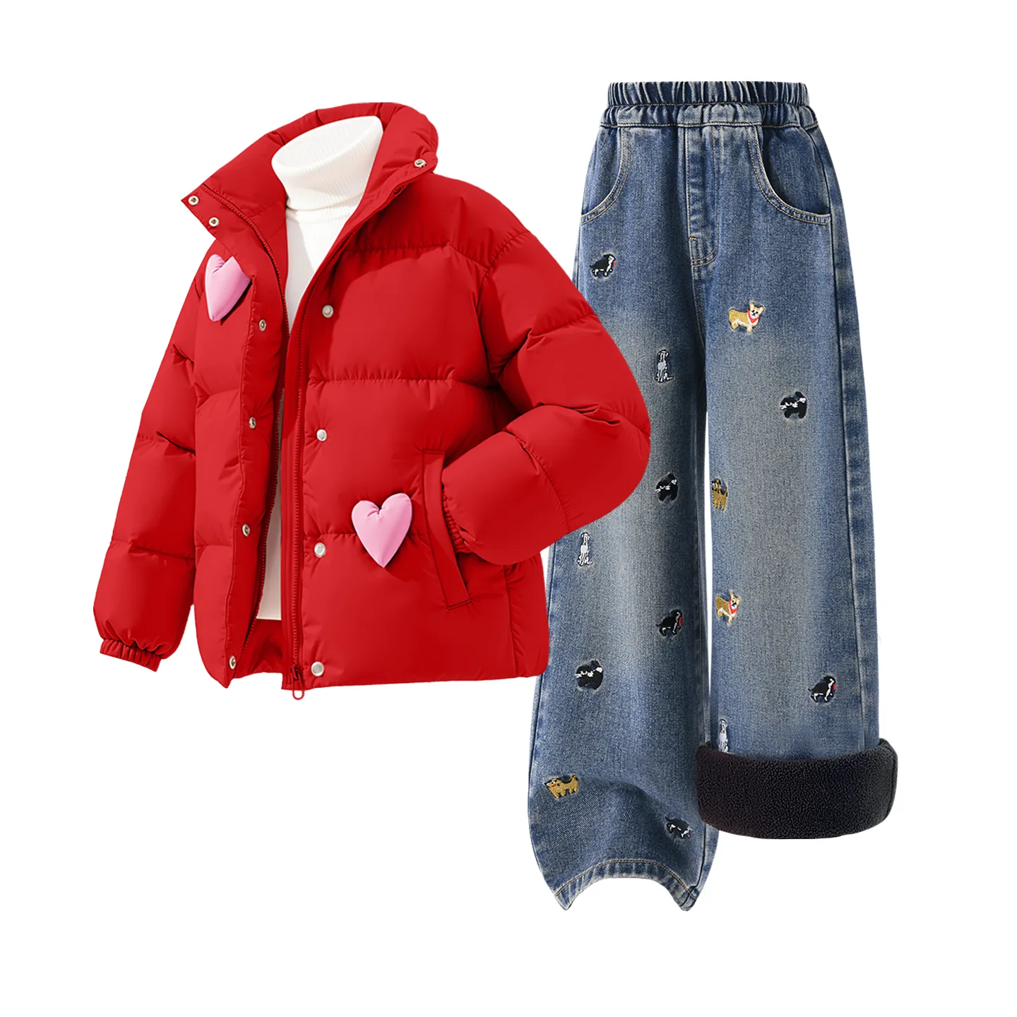 Детская спортивная одежда с воротником стойкой на флисе Disney, [Thickened and Fleece-Lined]Solid Color Red+Solid Color Denim Blue