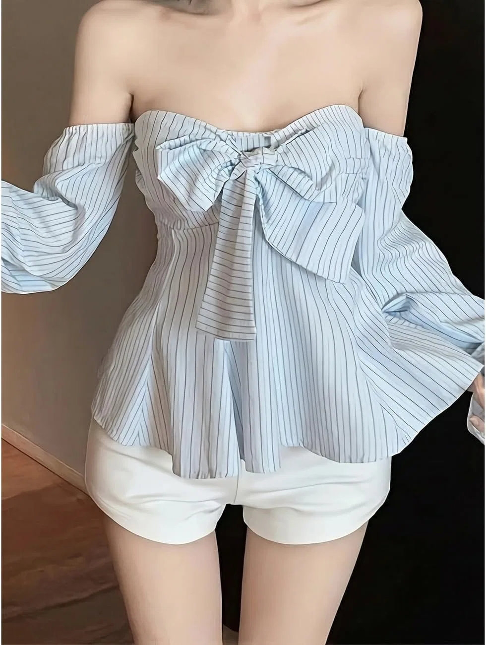 Блуза с полоской, off-shoulder из коллекции, голубой — фото 3