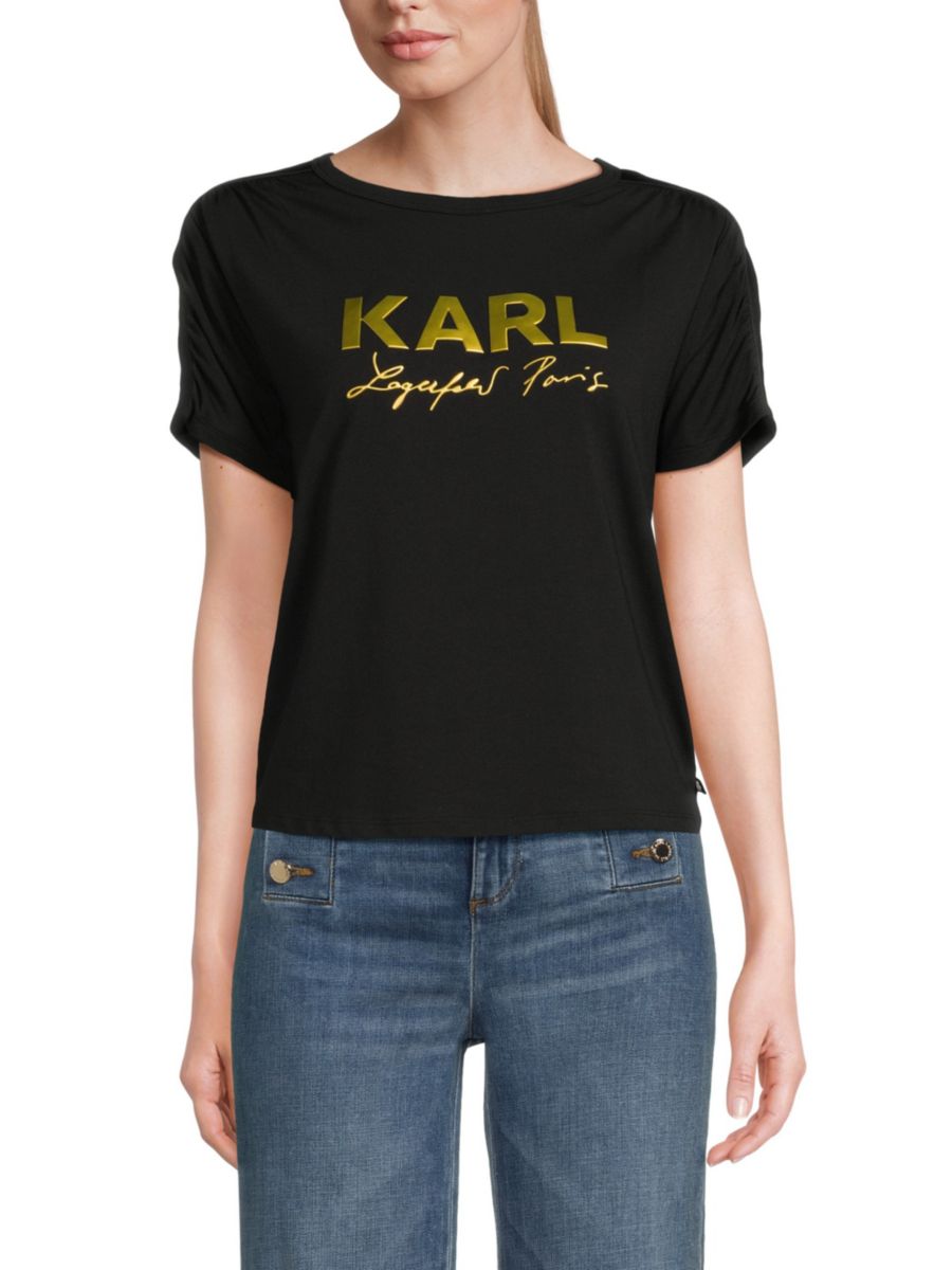 

Футболка с металлическим логотипом и сборками Karl Lagerfeld Paris, черный