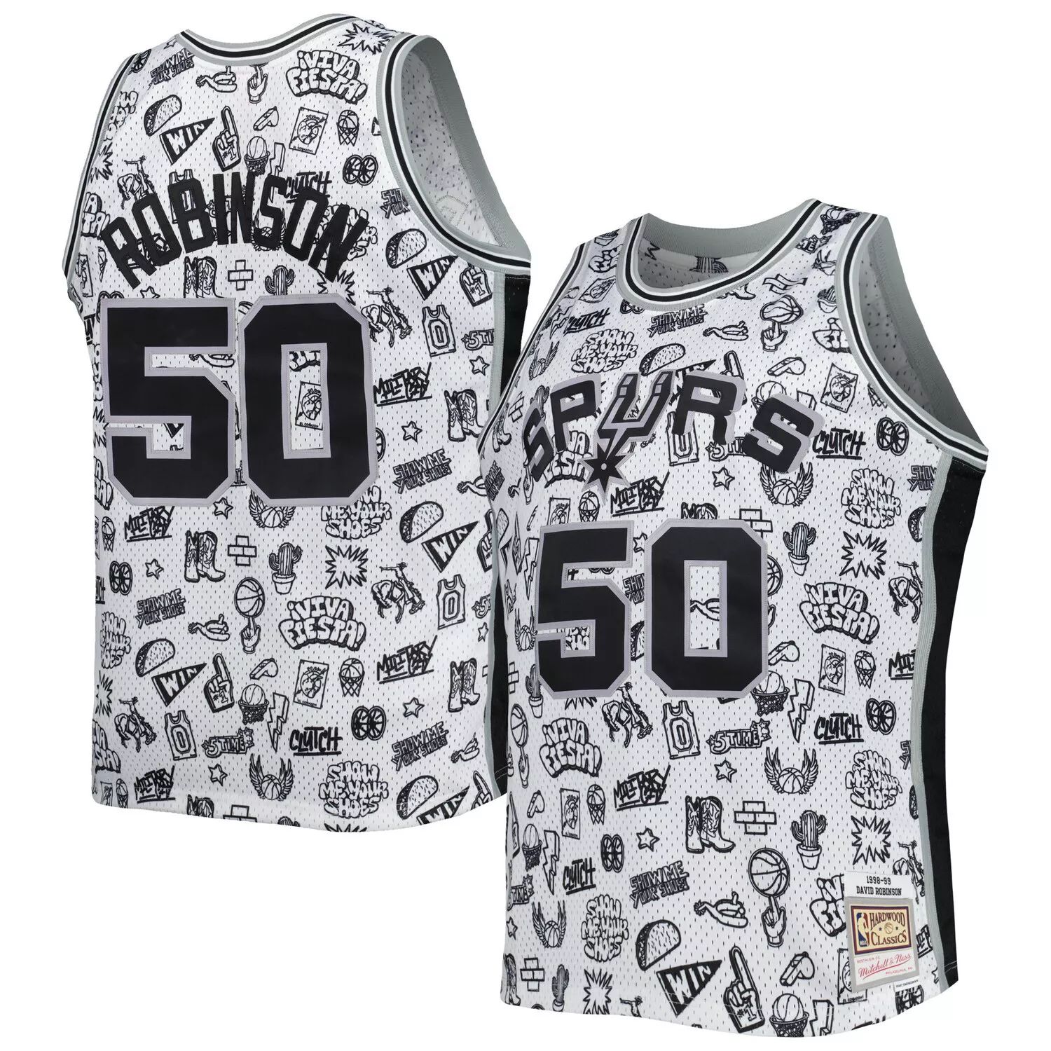 

Мужская белая майка Mitchell & Ness David Robinson San Antonio Spurs 1998-99 Hardwood Classics Doodle Swingman Player, Белый, Мужская белая майка Mitchell & Ness David Robinson San Antonio Spurs 1998-99 Hardwood Classics Doodle Swingman Player