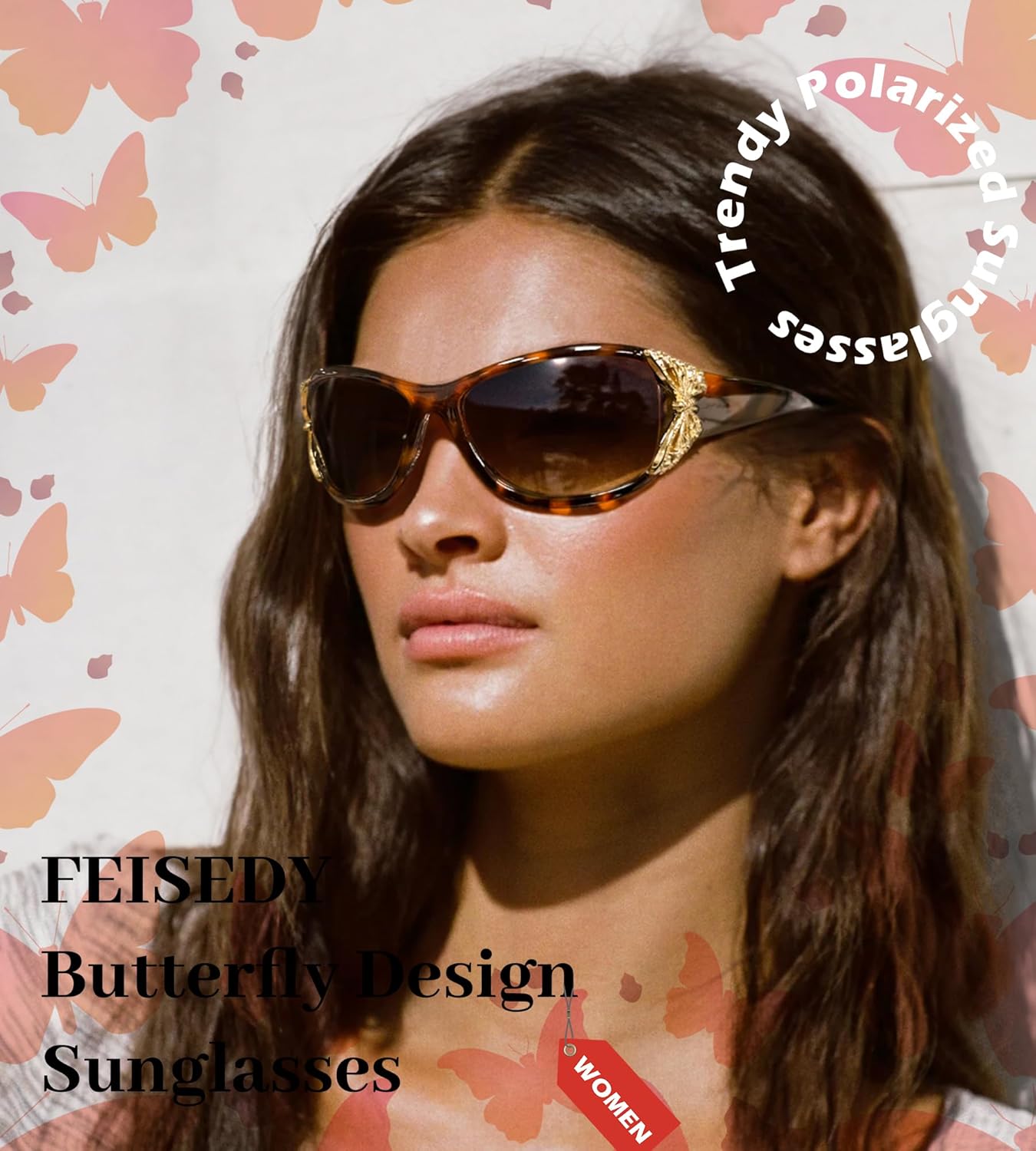 

FEISEDY Модные поляризованные солнцезащитные очки в стиле Y2K с обтекаемым дизайном в виде бабочки. Защита от ультрафиолета UV400. B0078, Leopard Frame & Gradual Tea Lens