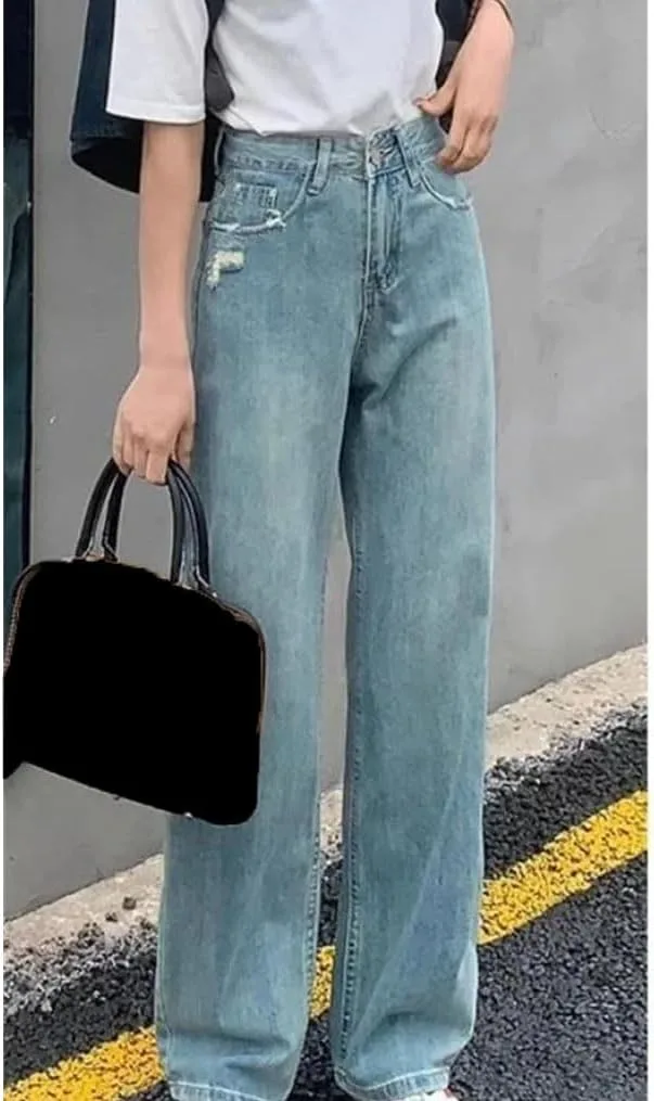 Женские джинсы High Waist Light Blue Ripped Denim Wide Leg — фото 3