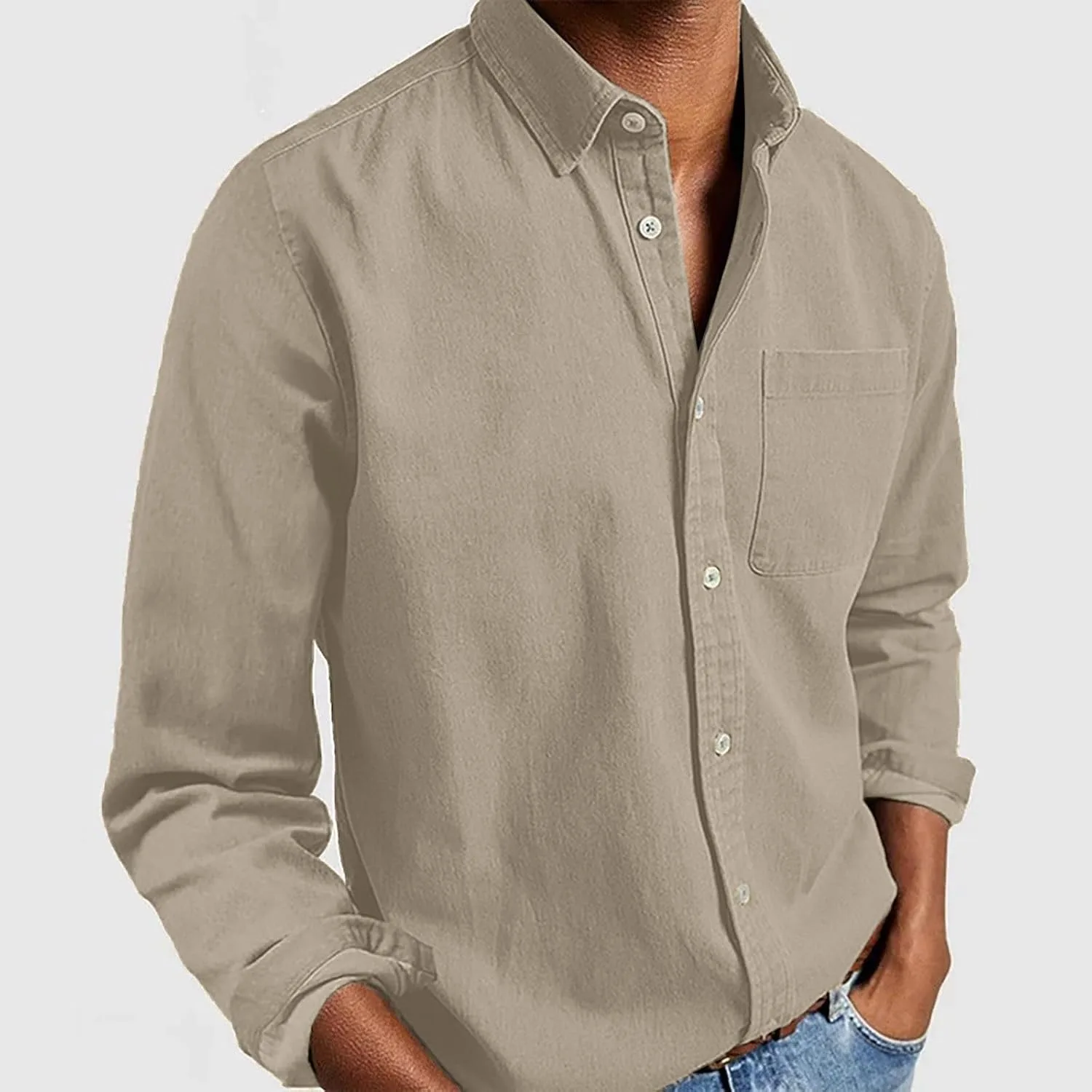 Мужская рубашка на пуговицах Casual Classic с отложным воротником и длинным рукавом, удобная свободная офисная сорочка, весна 2026 Generic, хаки — фото 2
