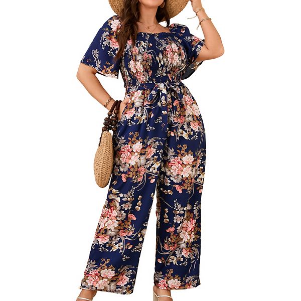 

Женский комбинезон с квадратным вырезом и завязкой на талии Clearflower, Navy Large Floral