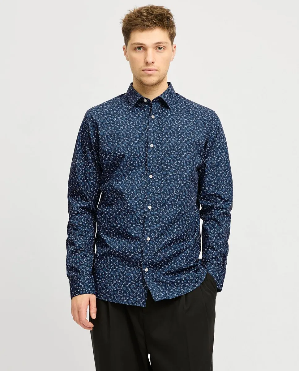 

Мужская рубашка с длинными рукавами на пуговицах и микроузором Jack & Jones, синий