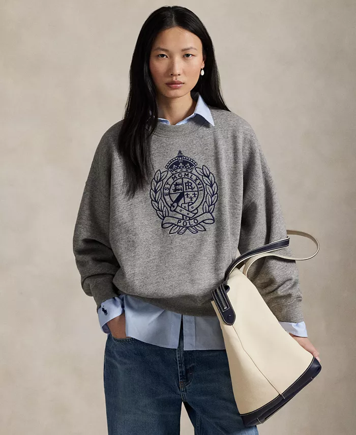 

Женская флисовая кофта с вышитым гербом и круглым вырезом Polo Ralph Lauren, серый