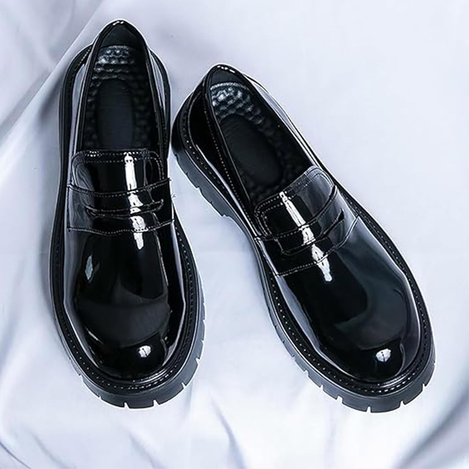 Мужские кожаные лоферы с пенни на платформе, слипоны, деловые туфли с круглым носком, массивным каблуком и нескользящей резиновой подошвой для офиса Xinduoyu, черный — фото 3