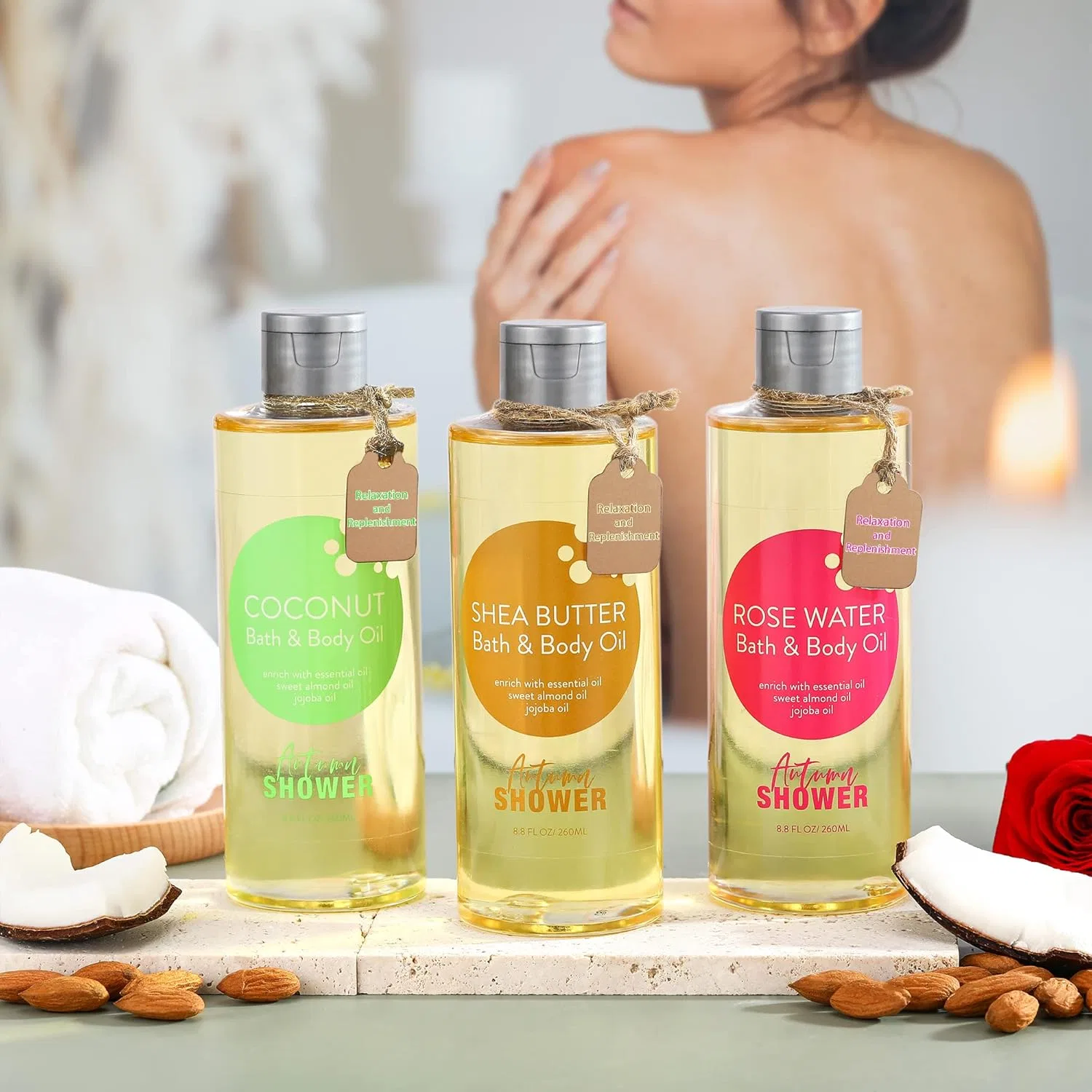 Масло для тела и ванны, набор 3 шт., Autumn Shower, Shea Butter, Rosewater, Coconut, 28 oz — фото 3