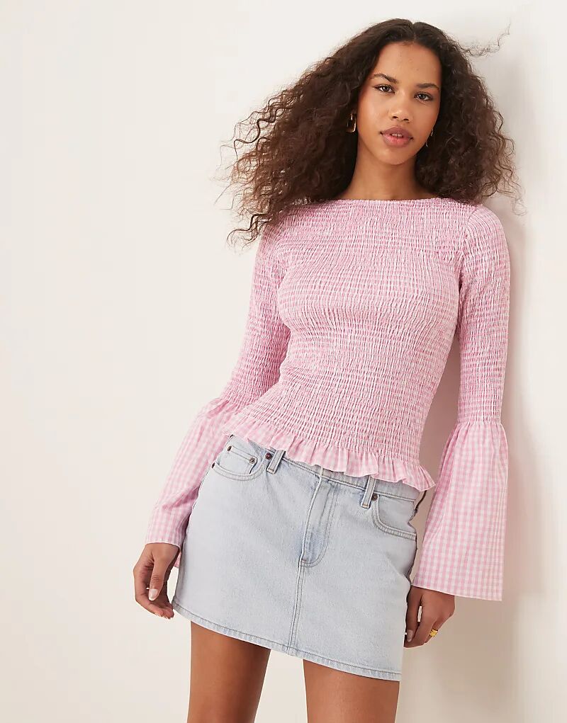 

Топ ASOS DESIGN с рукавами-ангелочками и сборками в розовую клетку
