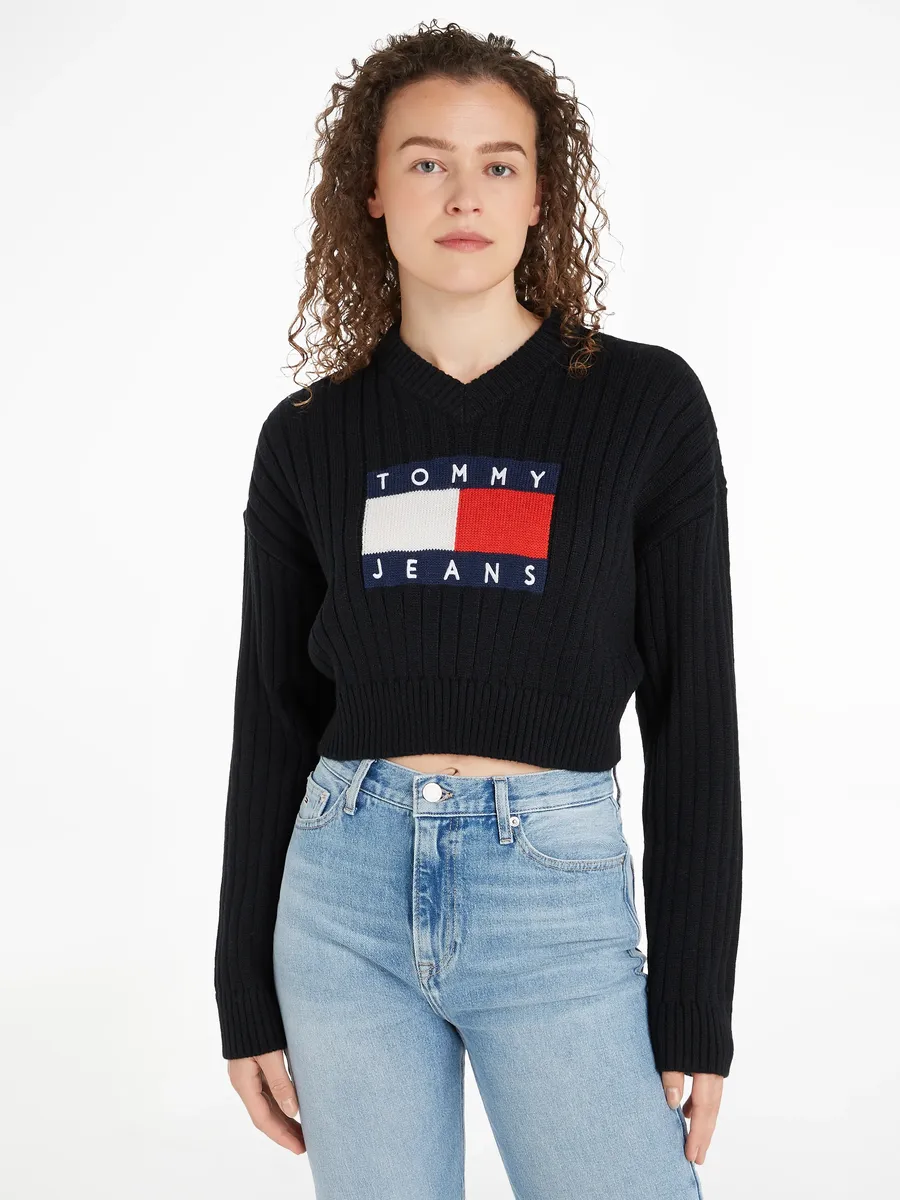 

Свитер с V-образным вырезом Tommy Jeans Curve "TJW VNCK CENTER FLAG SWEATER EXT", большие размеры, черный