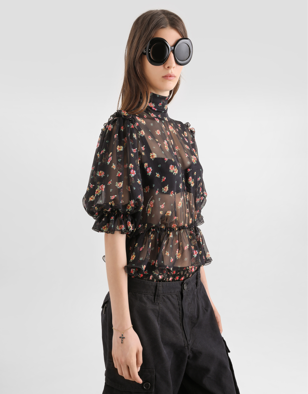 Маленький топ из шифона с цветочным принтом DOLCE & GABBANA, мультиколор — фото 4